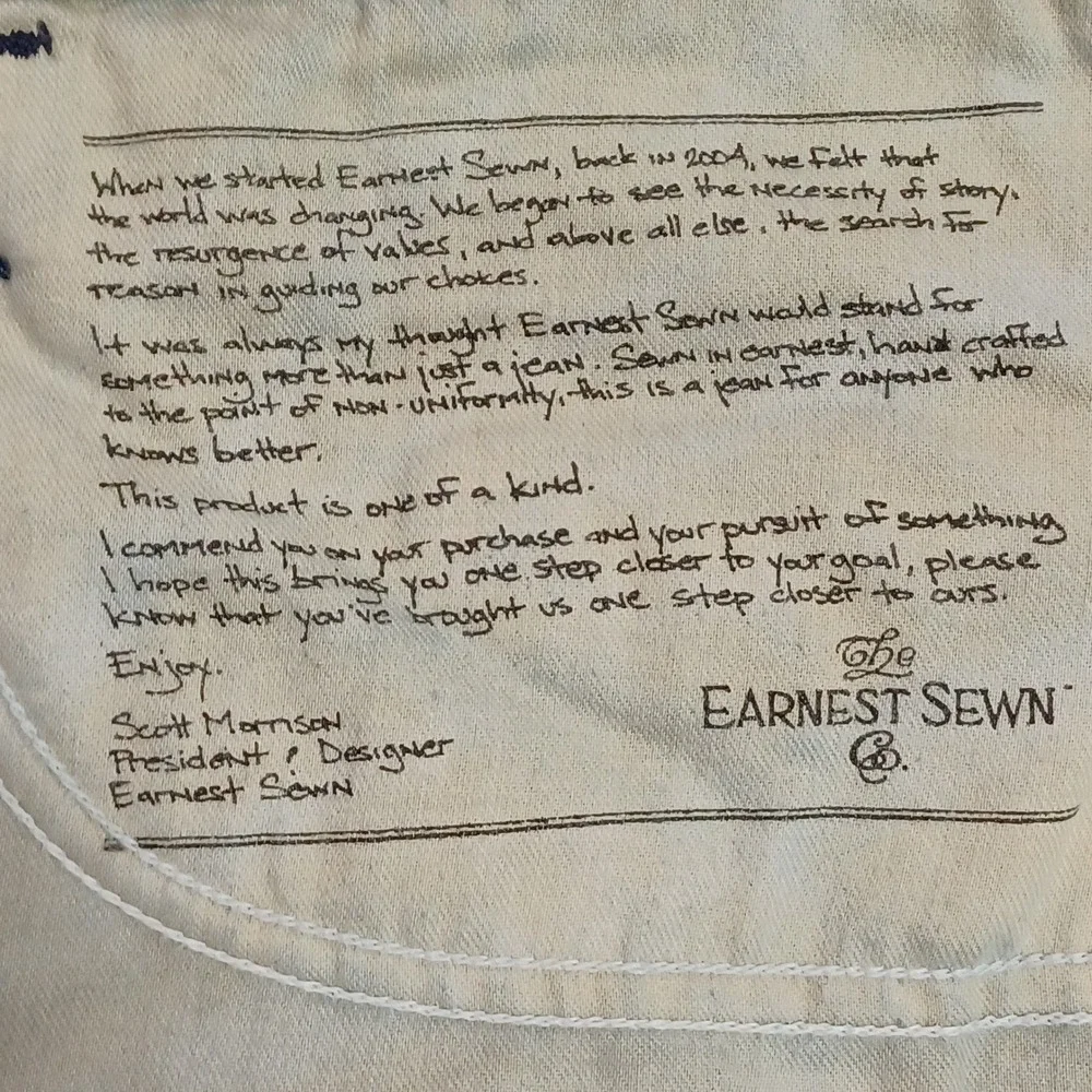 Earnest Sewn Fulton Martin Mens Jeans Size 40 Dark Wash Straight Leg Button Fly